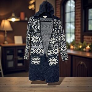 Monteau Cardigan Womens Size XS Blue White Hooded Open Front Snowflakes